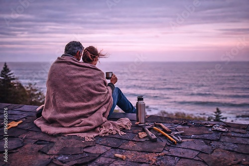Peaceful Couple Embracing Warmth and Connection While Watching Ocean at Sunset