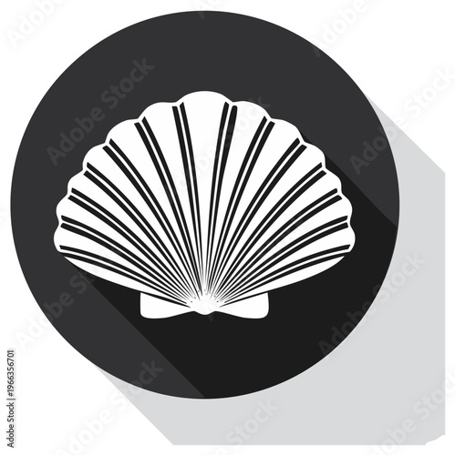 Stylized White Seashell Silhouette Icon with Long Shadow on Dark Circle