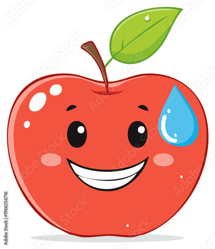 Happy cartoon apple character sweating with a big smile, healthy food concept illustration
