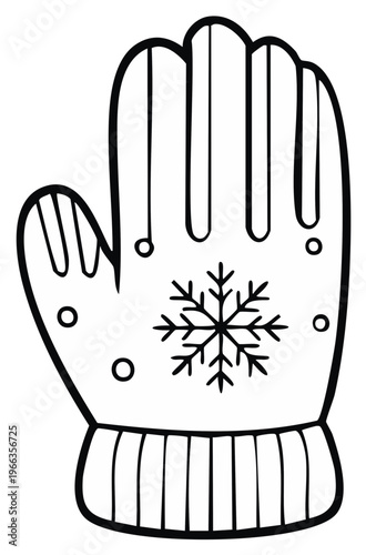 Illustration of a black and white winter mitten with a snowflake and striped cuff.