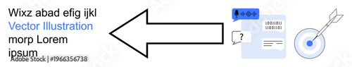 Data flow, communication process, goal setting, information sharing, navigation, digital strategy. Arrow leading to target, speech bubble and text block. Data flow and communication process theme