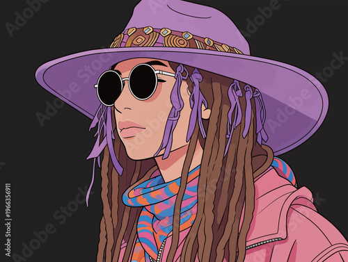 Person wearing a purple hat and sunglasses with long hair under a dark background in a creative design style