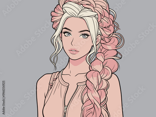 Young woman with long pink braid looking at the viewer against a gray background in a simple design