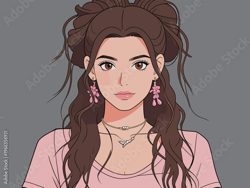 Woman with long hair and jewelry poses for a digital portrait with grey background in stylish outfit during a creative art design session