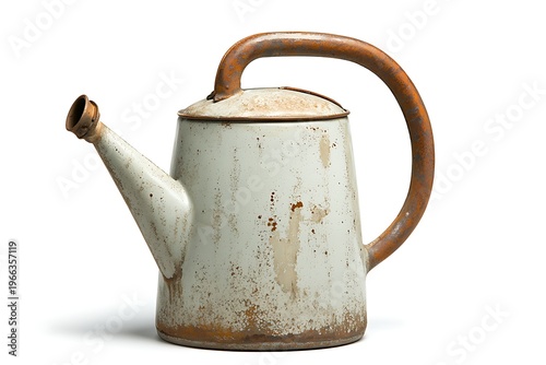 Vintage Metal Watering Can with Rusty Handle and Distressed Surface, Isolated on White Background