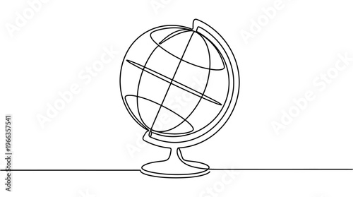 Continuous line drawing of a simple globe on a stand, representing Earth and global concepts