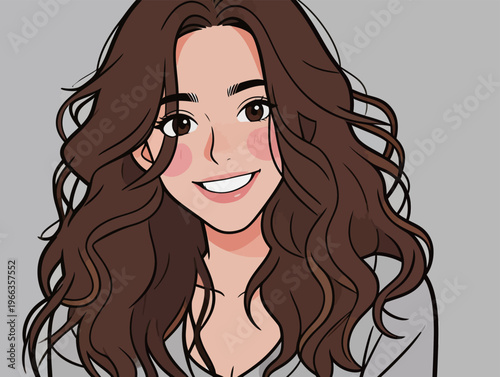 Drawing of a woman with long brown hair smiling and looking at the viewer against a plain background