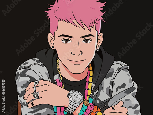 Young person with pink hair wears stylish accessories and a colorful outfit in modern graphic art style