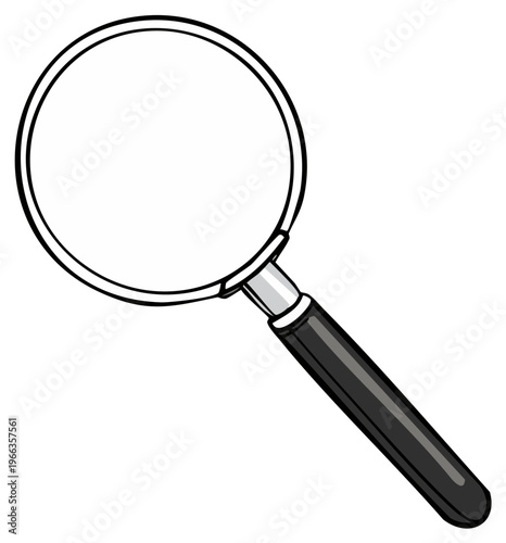 Magnifying glass with black handle on white background, Search tool or equipment symbol for investigation.