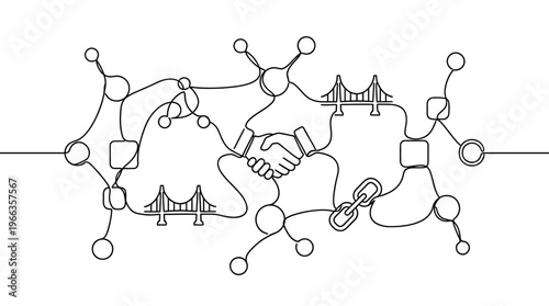 Abstract line art illustration depicting a complex network of interconnected nodes, symbolizing global collaboration, partnership, and digital communication within a decentralized system