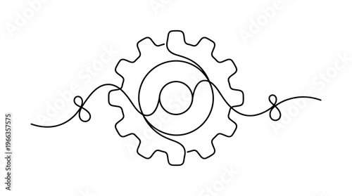 Continuous line drawing of a gear mechanism symbolizing industrial innovation and mechanical engineering progress