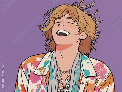 Young man smiles while wearing a floral jacket and necklaces against a purple background at an outdoor event