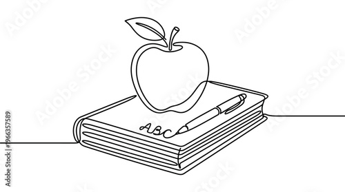 A single line drawing of an apple and a pen resting on an open book, symbolizing education, learning, and knowledge