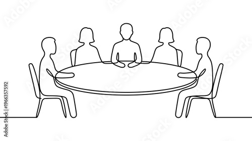 Continuous one line drawing of a business meeting. Five people sit around a table, symbolizing teamwork, collaboration, and discussion in a minimalist style