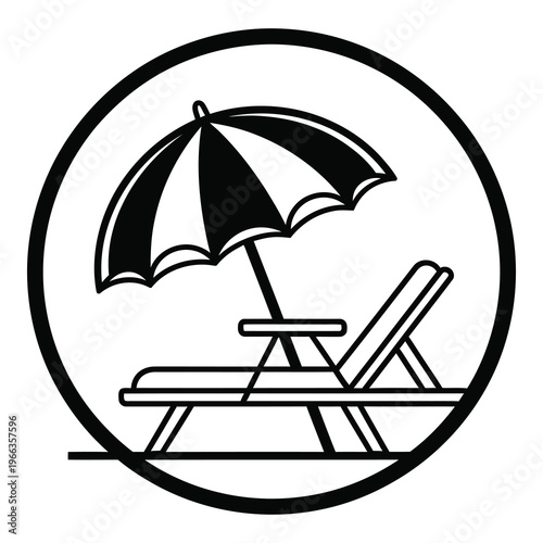 Beach chair and umbrella in a circular icon design for summer vacation relaxation icon