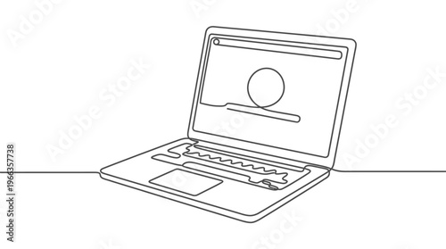 Minimalist one-line drawing of an open laptop computer displaying a circular graphic on its screen, on a flat surface