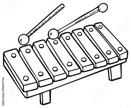 Black and white illustration of xylophone and mallets, musical instrument.