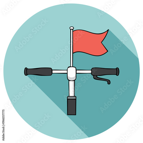 Scooter handlebar with a red flag icon illustration on a teal background.
