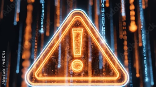 Digital Warning Sign With Exclamation Mark in Matrix Style Falling Numbers Background