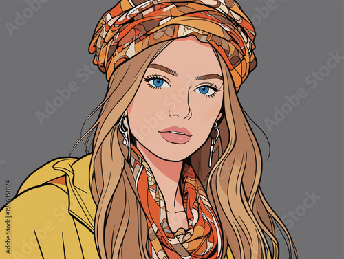 Young woman in colorful headscarf and coat standing against a gray background with a direct gaze and styled hair