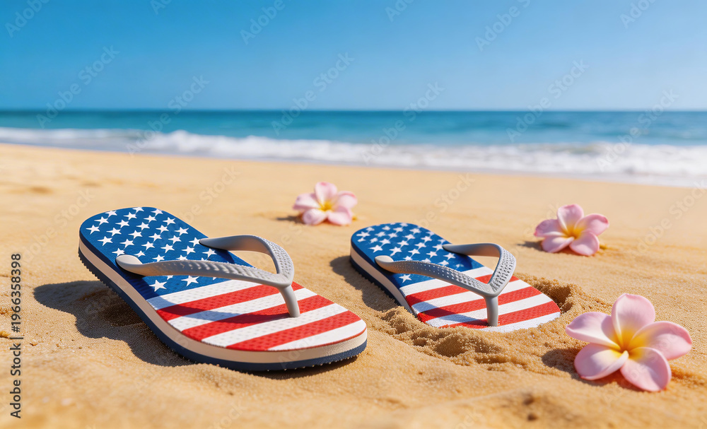 Naklejka premium American flag-themed flip flops on sandy beach with ocean waves, plumeria flowers under clear blue sky, evoking summer vacation and tropical leisure.