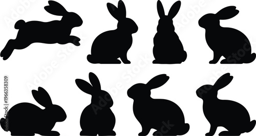 Flat minimalist illustration of eight rabbit silhouettes showing long ears, rounded bodies, tails, and different active poses black vector design