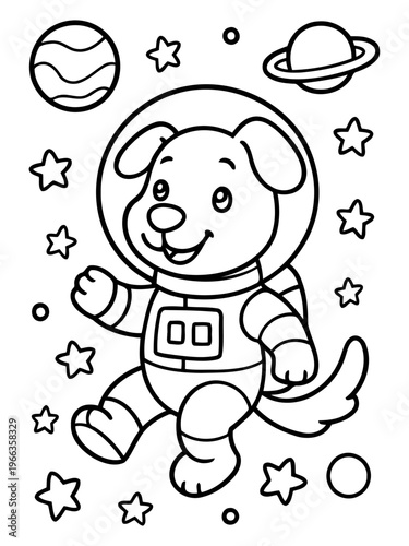 Cosmic Canine Explorer: A cheerful canine astronaut floats gracefully amidst the stars, embarking on an interstellar journey of discovery. 

