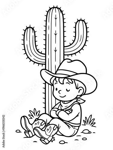Cowboy's Desert Repose: A charming cowboy, complete with a hat and boots, finds peaceful rest against a towering cactus in the vast desert.