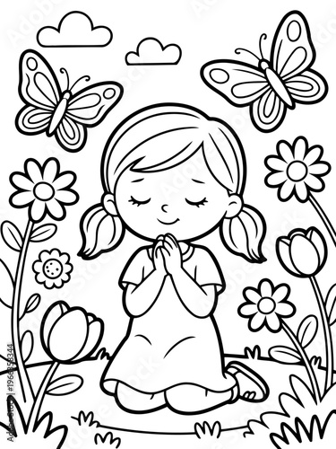 The Serene Prayer: A young girl, lost in peaceful contemplation, kneels amongst vibrant flowers and fluttering butterflies. A moment of tranquil innocence, beautifully portrayed.