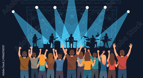Live music concert crowd cheering, band performing on stage with bright lights, festival audience silhouettes, entertainment event vector illustration