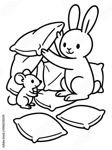 Cozy Friends and Pillows: An adorable illustration of a charming bunny and a tiny mouse, playing and arranging soft pillows.