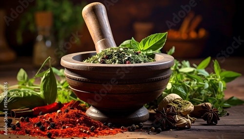 Aromatic herbs and spices composition with mortar and pestle on wooden table