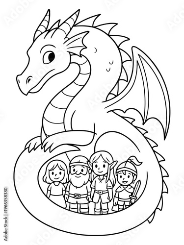 Dragon and Heroes: A heroic illustration showcases a magnificent dragon protectively enveloping a diverse team of adventurers, setting the scene for epic tales of courage and valor.