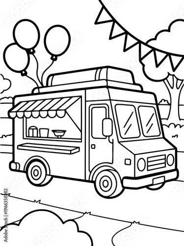 Food Truck Illustration: A charming food truck, adorned with festive balloons and pennants, invites passersby to savor delicious culinary delights.