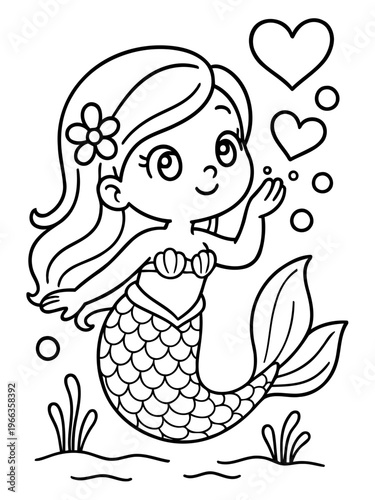 Whimsical Mermaid: A charming illustration of a mermaid, with flowing hair and a playful expression, surrounded by hearts, evoking a sense of enchantment and imagination.