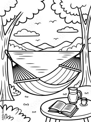 Serene Hammock Scene: A tranquil illustration captures a peaceful outdoor scene with a hammock, book, and refreshment, inviting relaxation amidst nature's embrace.