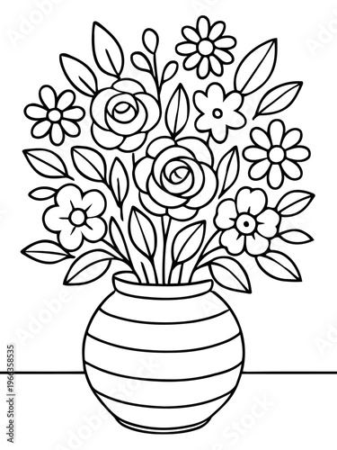 Floral Elegance: An intricately designed vase overflowing with a delightful arrangement of flowers, radiating a sense of beauty and botanical artistry.