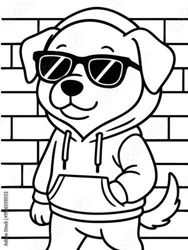 Cool Pup in Hoodie: A trendy pup sporting a hoodie and shades leans casually against a brick wall, radiating laid-back vibes and street smart style.