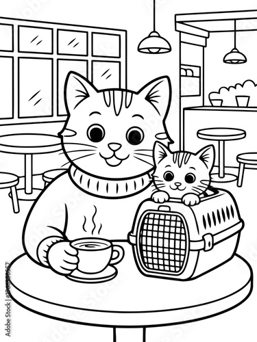 Cozy Cafe Cats: An adorable cat enjoying a warm drink with its kitten in a charming cafe setting.