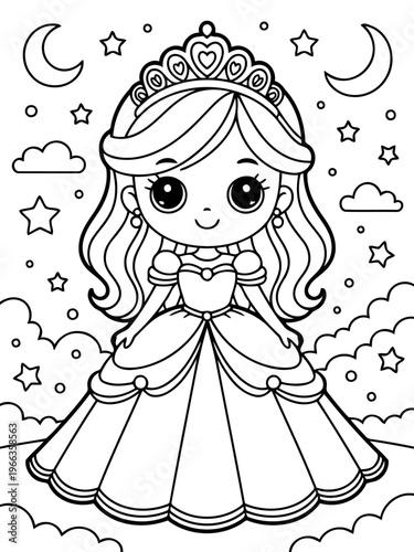 Princess with Celestial Embrace: A regal princess, adorned with a shimmering crown, stands amidst a celestial backdrop of stars and moon, radiating an air of enchantment and wonder.