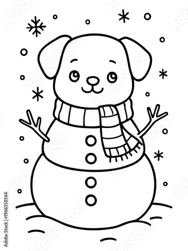 Winter Wonderland Pup: A whimsical illustration of a charming pup transformed into a snowman, set against a backdrop of gently falling snowflakes, evokes a sense of holiday cheer.