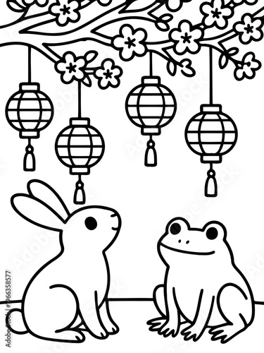 Lunar Serenade: A black and white depiction of a bunny and frog sharing a serene moment under blooming branches, lanterns gently illuminating their tranquil space.