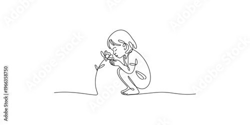 A simple line drawing of a child smelling a flower in a natural setting smell