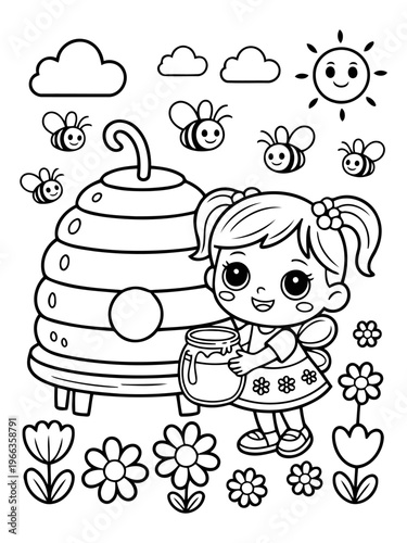 Busy Bee's Sweet Embrace: A charming illustration depicts a little girl adorned with fairy wings, cradling a jar of honey near a whimsical beehive. Honeybees buzz merrily around her.
