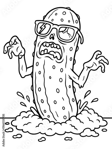 Zombie Pickle's Bizarre Awakening: An eccentric pickle, sporting spectacles, emerges from a mound, embodying a comical undead persona.