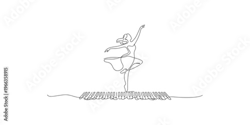 Continuous line drawing of a dancer standing on piano keys in a graceful pose art