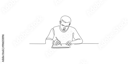 Continuous line drawing of a man using a graphics tablet single art person digital creative