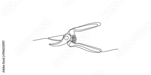 Line drawing of pruning shears cutting a branch scissors gardening tool illustration black and white