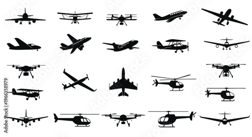 Many different kinds of aircrafts like airplanes, helicopters, and drones in a diverse aviation collection. Perfect for aviation industry concepts.