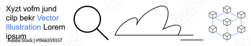 Digital transformation, cloud technology, data storage, online research, internet services, IT solutions. Minimal magnifying glass, cloud icon and network blocks. Cloud technology and digital